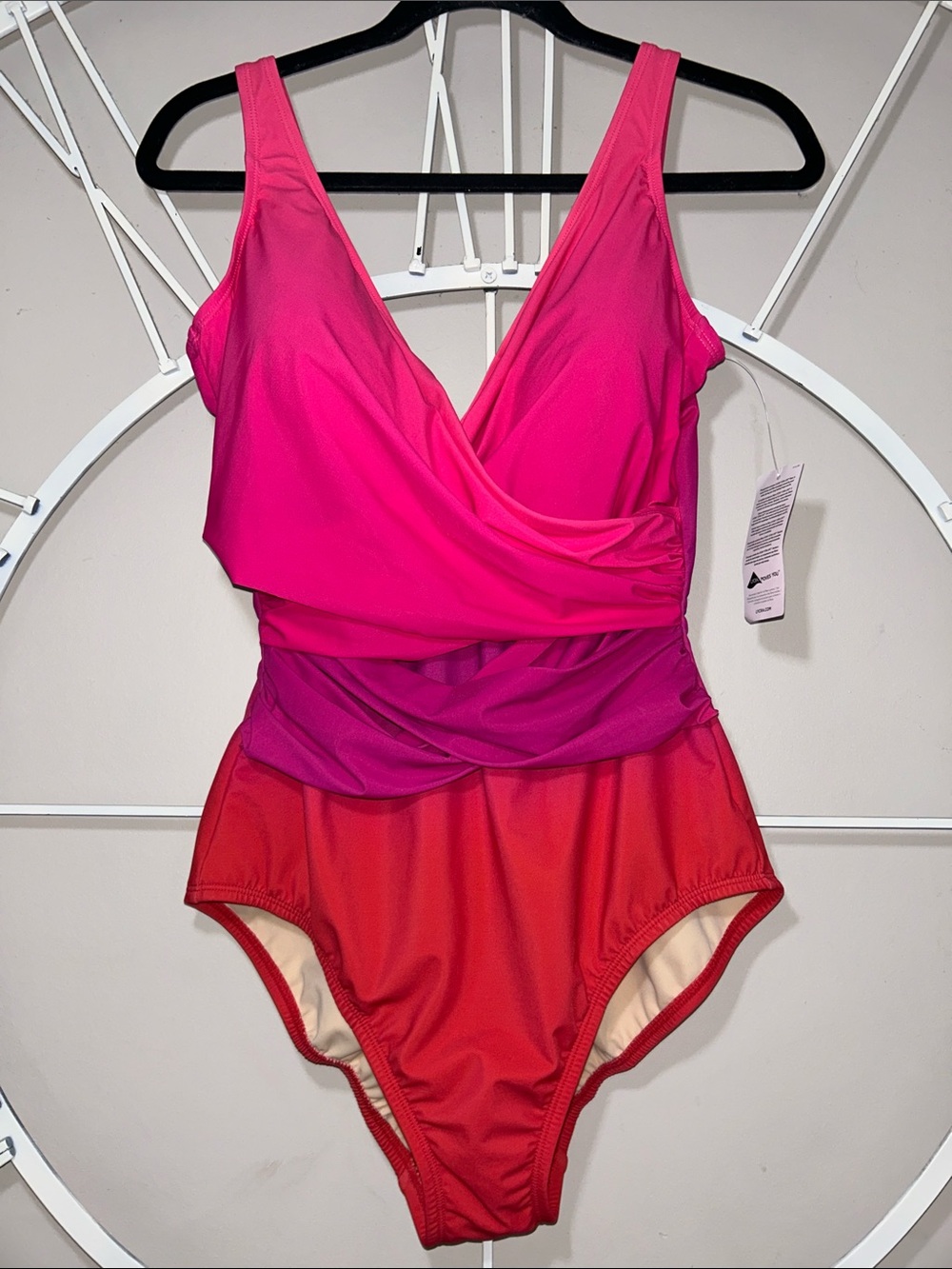 NWT Lands' End SlenderSuit Fuchsia and Red Wrap One-Piece Swimsuit